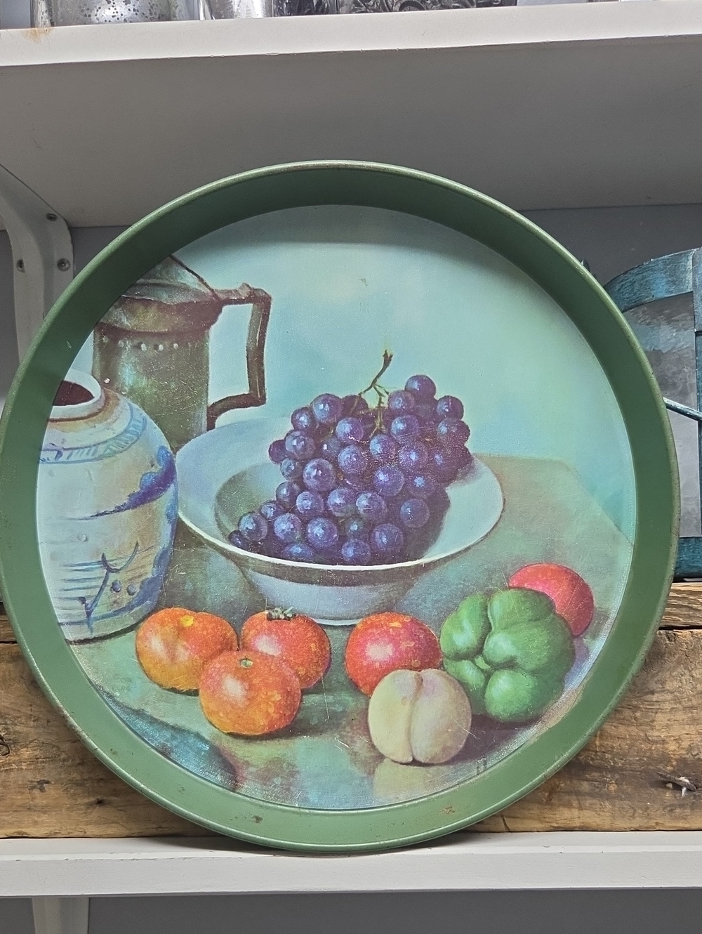 Vintage Mrs. Carver Fruitcake Green Tin Tray Fruit Still Life Art 12"
